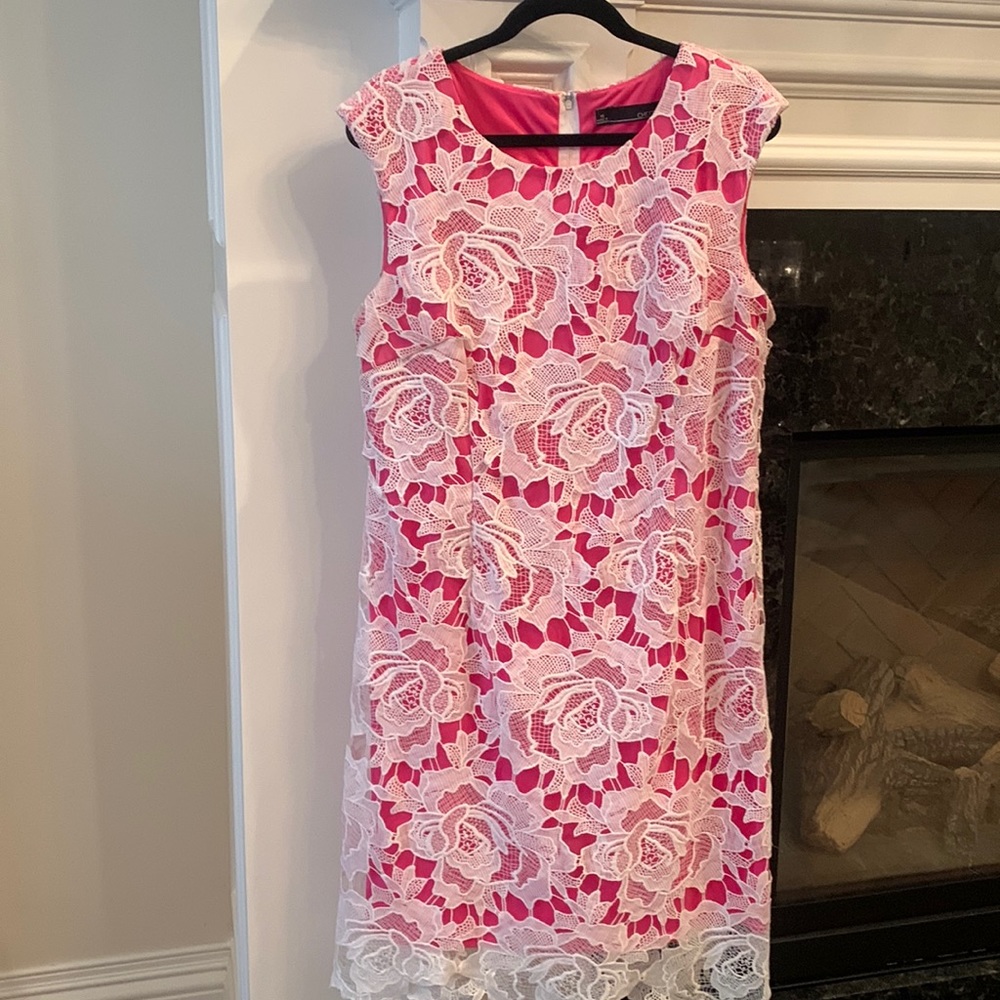 Pretty in a Pink and white lace dress